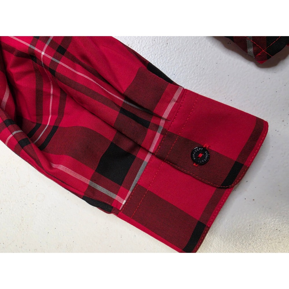 Foxcroft NYC Red Black Plaid Wrinkle Free Button Up Shirt Women 14P Shaped - Picture 2 of 6